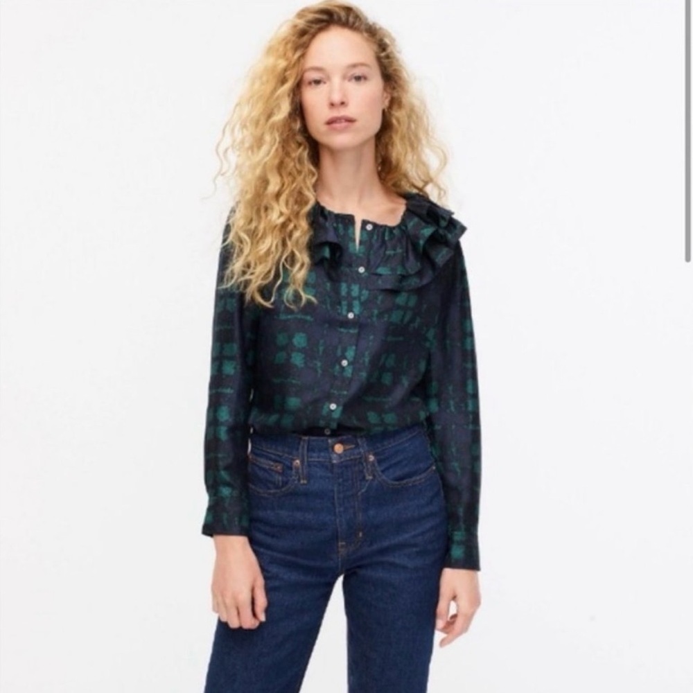 J Crew Collection Ruffle Collar Blouse Plaid 100% Silk Twill Button Down, S - Picture 1 of 12